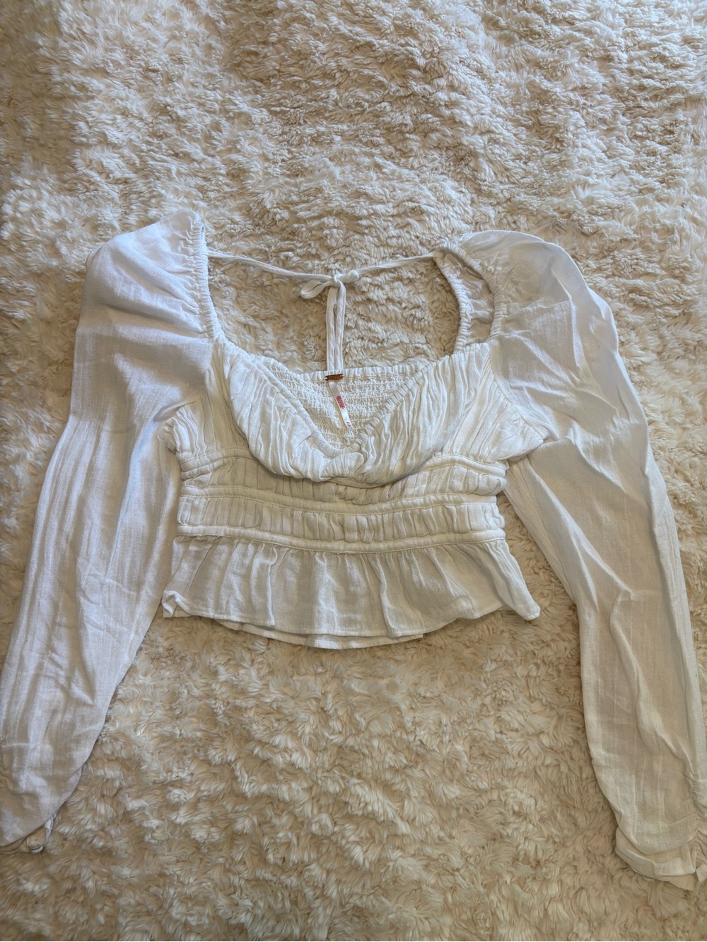 Free People White Cottagecore Smocked Long Sleeve Chloe Crop Top